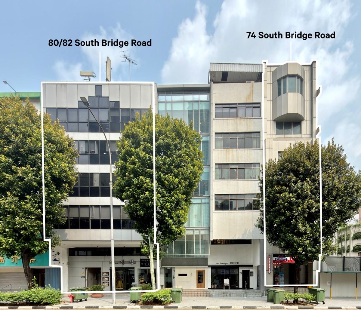 80/82 South Bridge Road, Singapore: a six-storey freehold commercial building on the South Bridge Road corridor, outlined on the left, with 74 South Bridge Road outlined on the right. Photo: CBRE, via Stacked Homes.